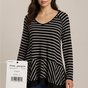 We The Free Black and Cream Striped Long Sleeve Top NWT , Large